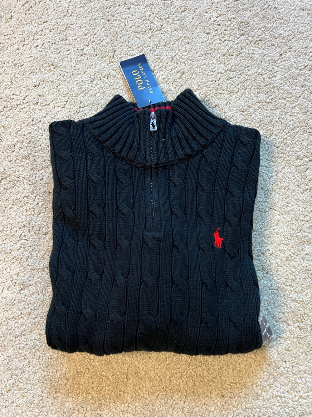 Polo by Ralph Lauren boy Black Cable-Knit Half-Zip Sweater size L(14/16)
